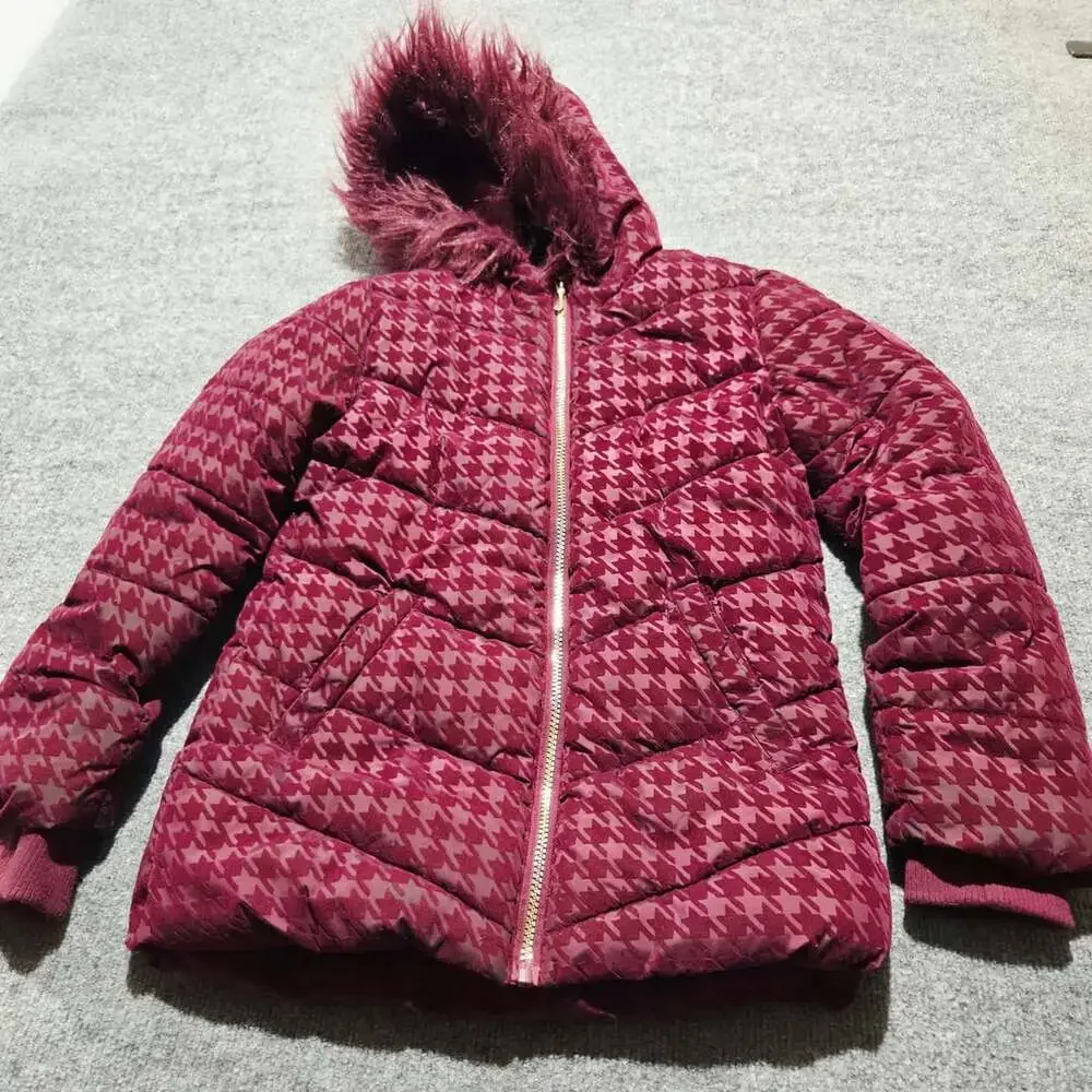 Juicy Couture Puffer Jacket Size 7/8 Burgundy Houndstooth Faux Fur Hood